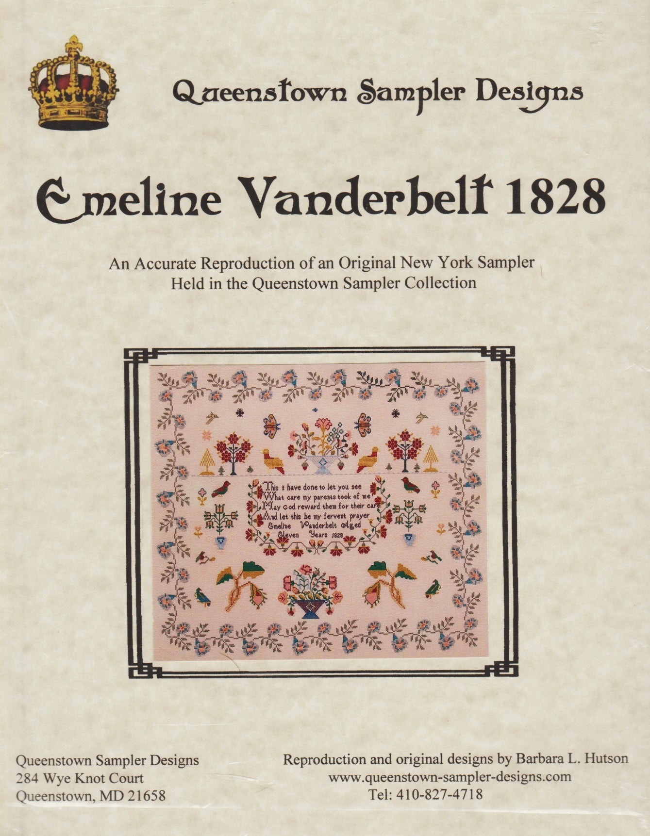 Queenstown Sampler Emeline Vanderbelt 1828 cross stitch pattern