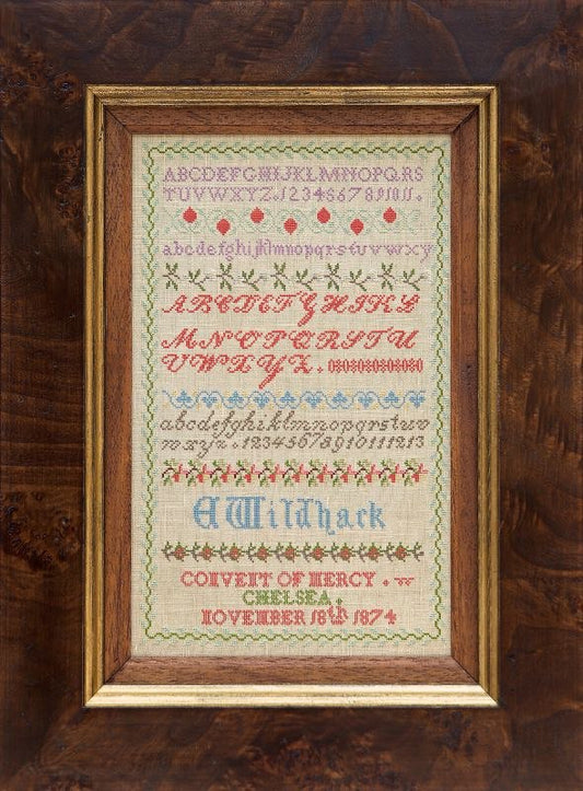 Hands Across The Sea Emily Wildhack 1874 reproduction sampler cross stitch pattern