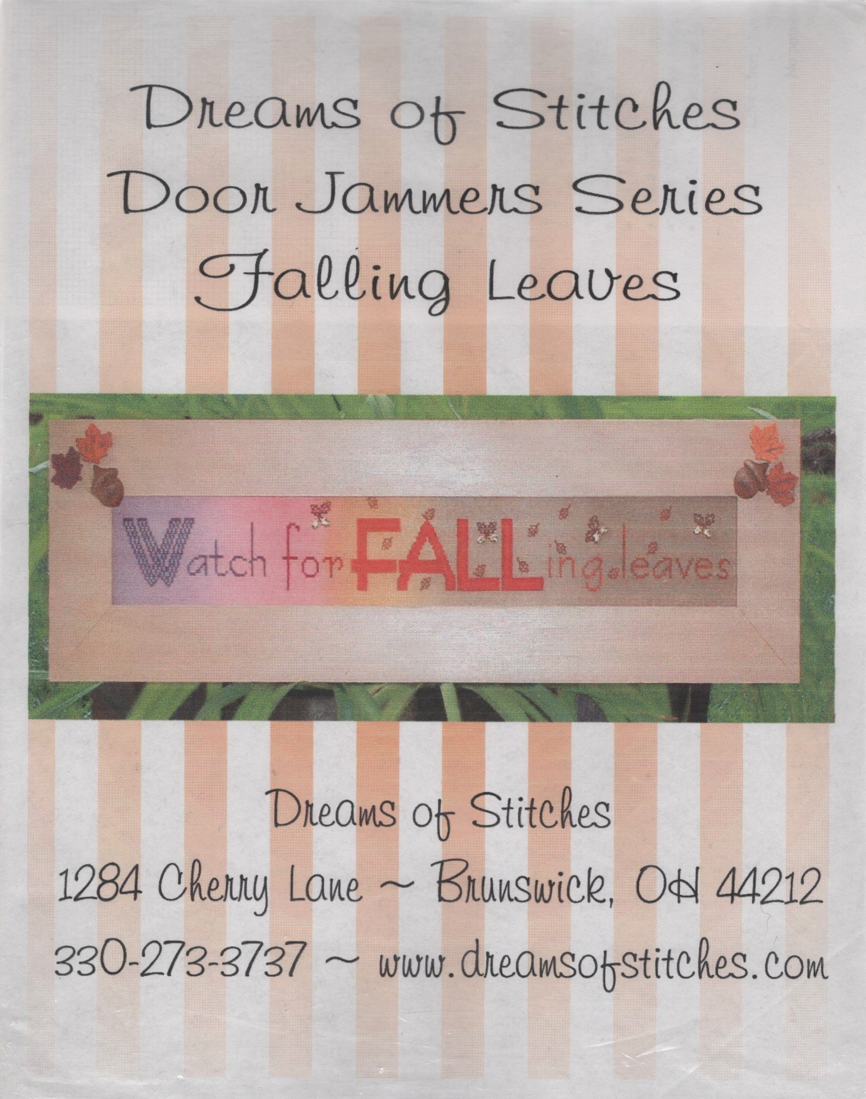 'Dreams of Stitches Door Jammers Series Falling Leaves,' showing a decorative sign that reads 'Watch for FALLing leaves' with autumn leaves and acorns, by Dreams of Stitches cross stitch pattern