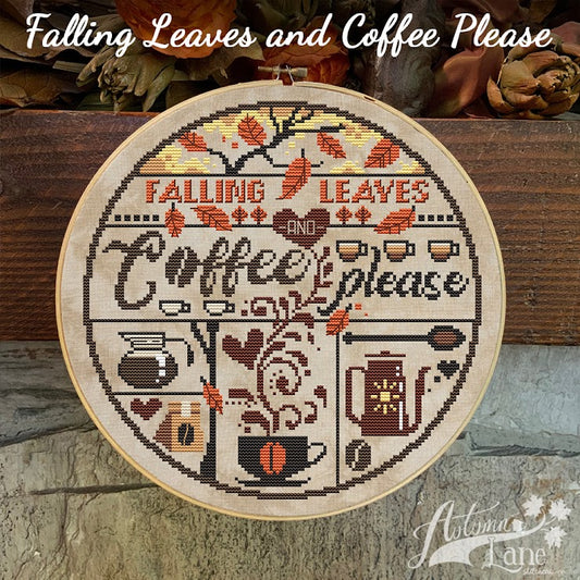 Autumn Lane Falling Leaves & Coffee Please cross stitch pattern