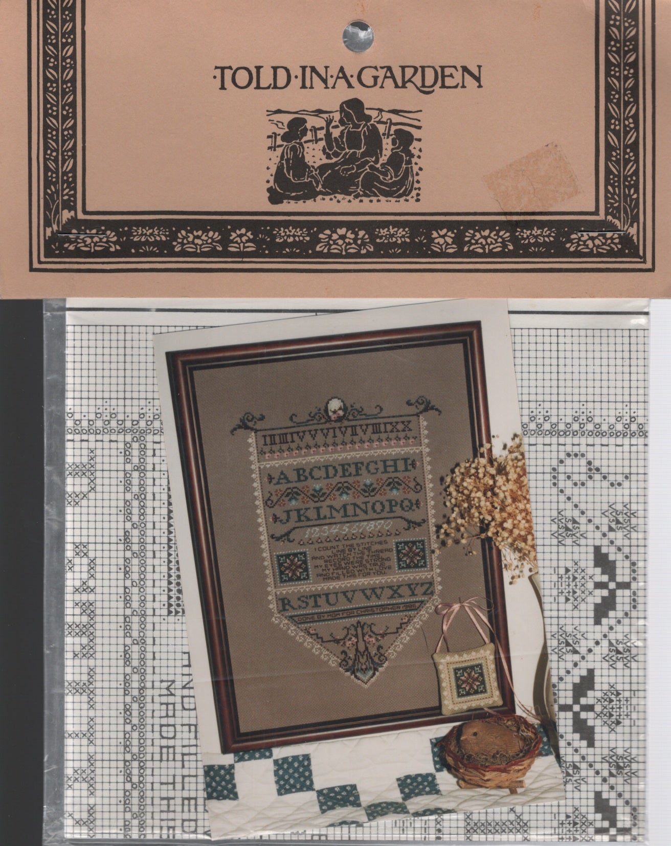 A vintage-style cross stitch sampler pattern titled 'Family Treasures II' 