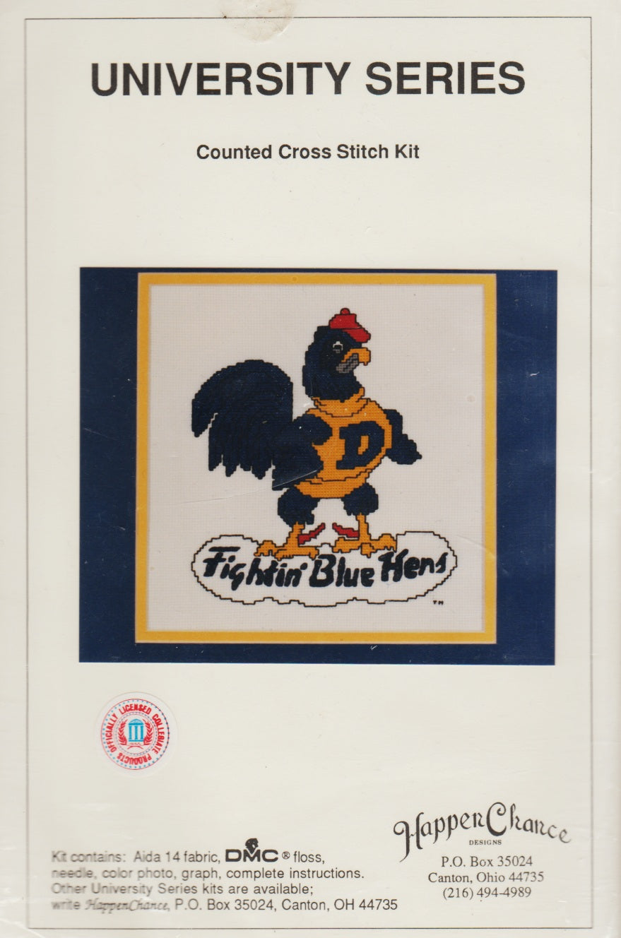 HappenChance University Series Fighting Blue Hens cross stitch kit