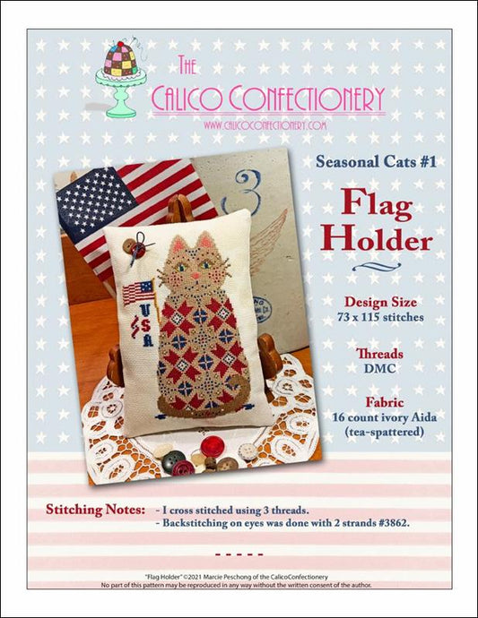 Calico Confectionery Flag Holder cross stitch cat pattern