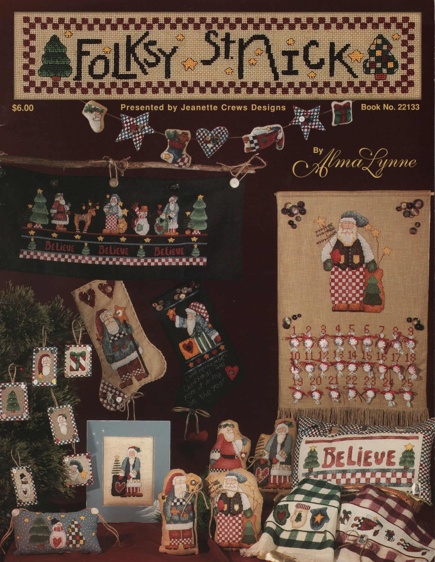 A vintage cross-stitch pattern book cover titled 'Folksy St. Nick' by Alma Lynne, showing multiple festive stitched designs including stockings, ornaments, a Santa figure, and pillows. 22133