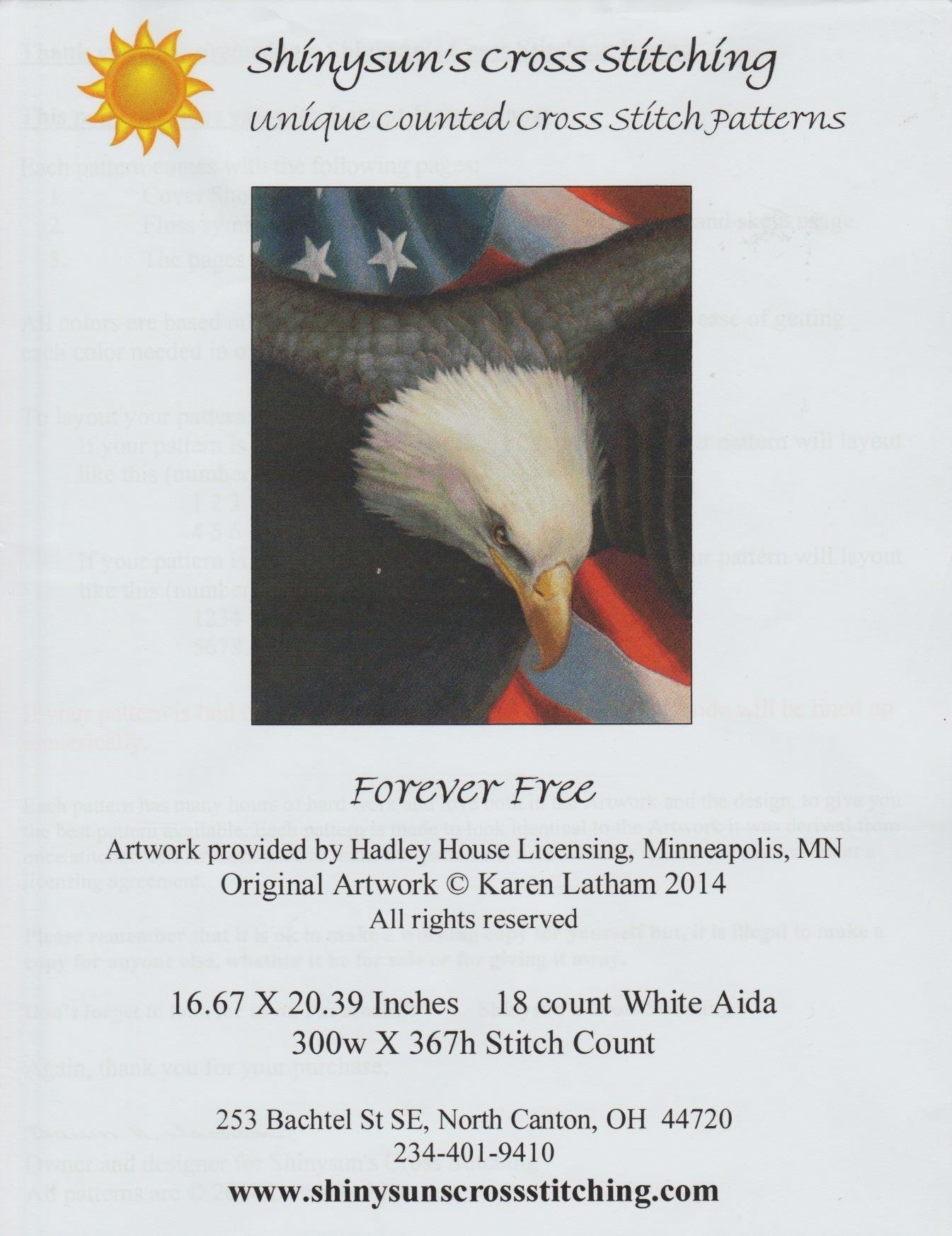 Shiny Sun Forever Free patriotic eagle cross stitch pattern