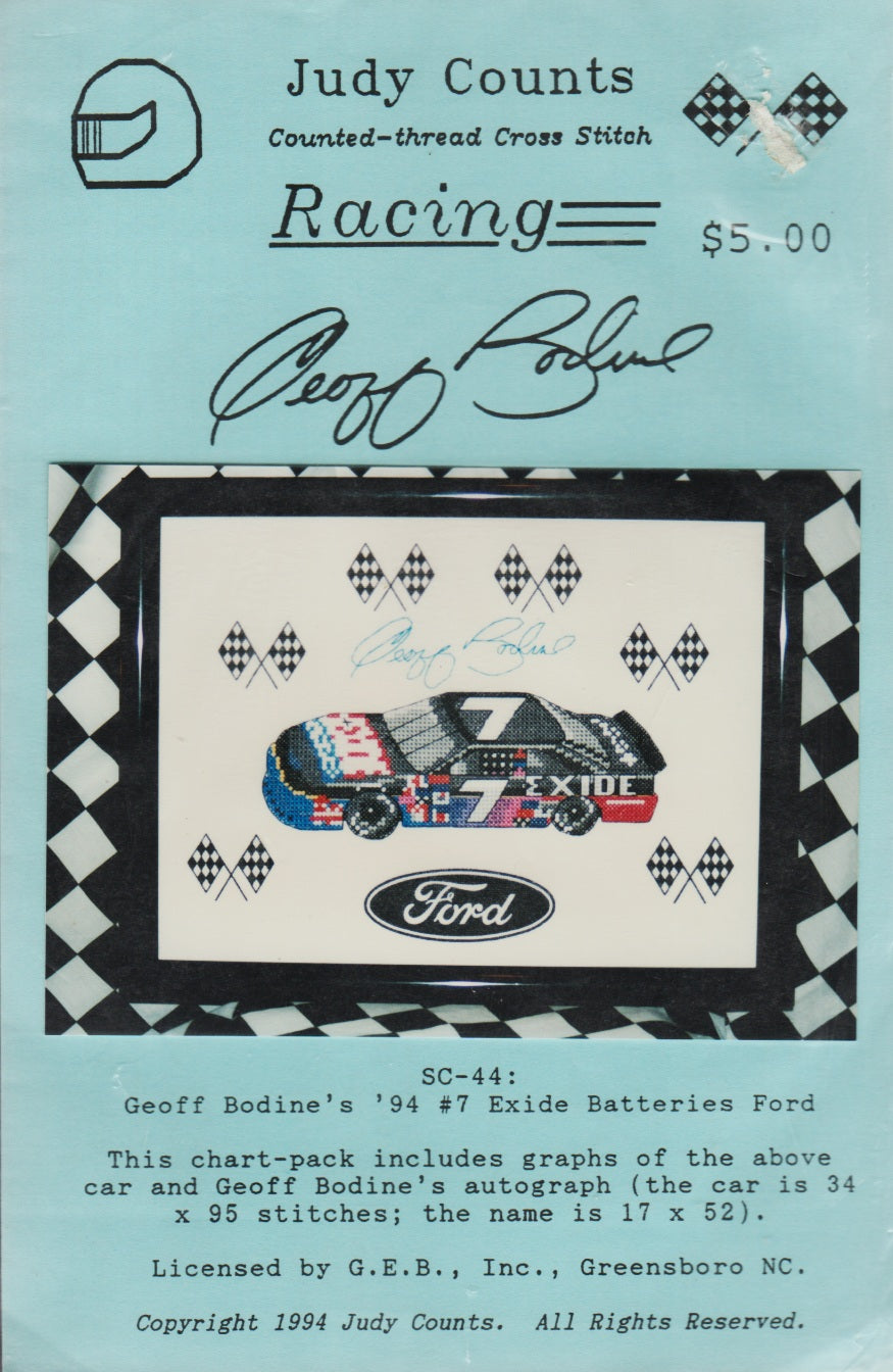 Judy Counts Geoff Bodine's '94 #7 Exide Batteries Ford cross stitch pattern