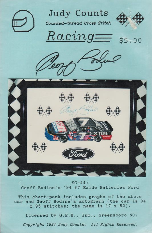 Judy Counts Geoff Bodine's '94 #7 Exide Batteries Ford cross stitch pattern