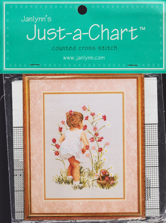 JanLynn Girl With Cosmos Just-a-chart 29-44 girl flower cross stitch pattern