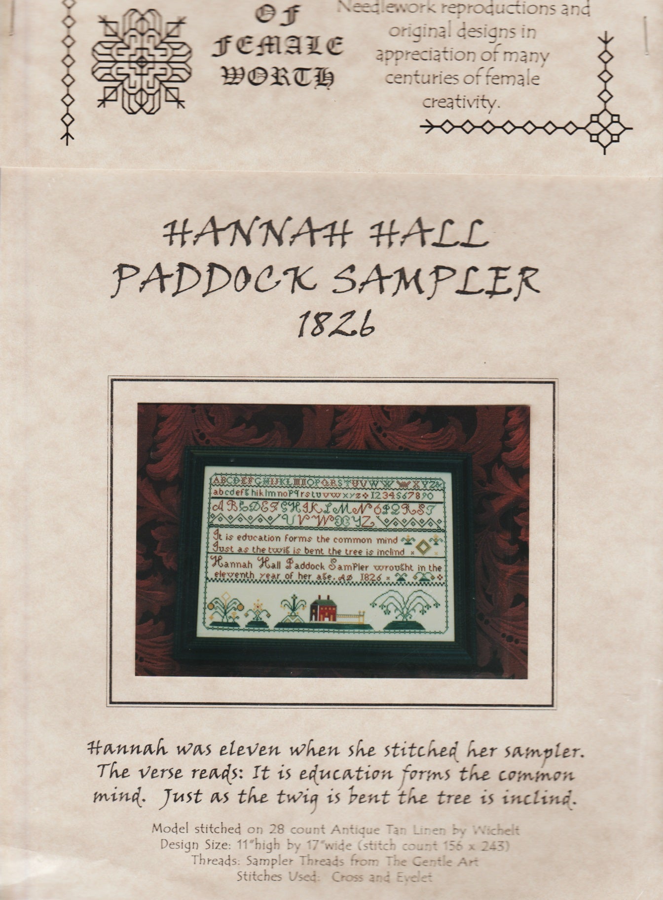 Of Female Worth Hannah Hall Paddock Sampler 1826 cross stitch pattern