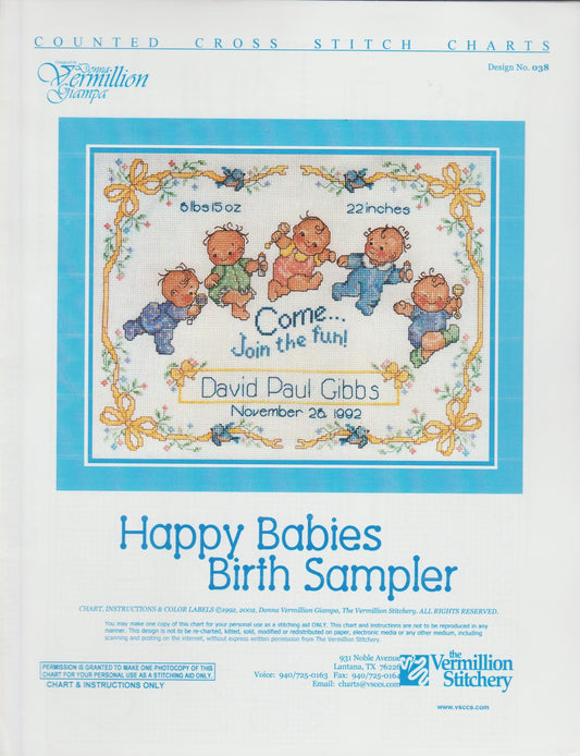 Vermillion Stitchery Happy Baby Birth Sampler 038 cross stitch pattern