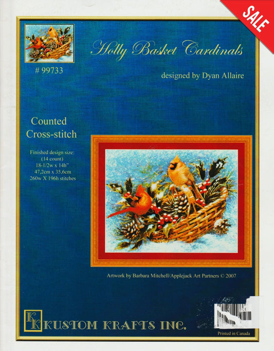 Kustom Krafts Holly Basket Cardinals 99733 bird cross stitch pattern
