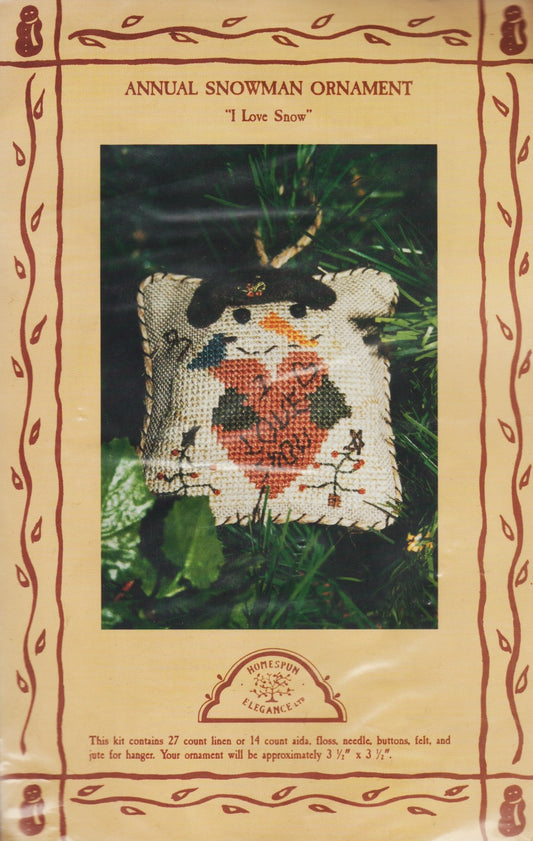 Homespun Elegance Annual Snowman Ornament I Love Snow cross stitch kit