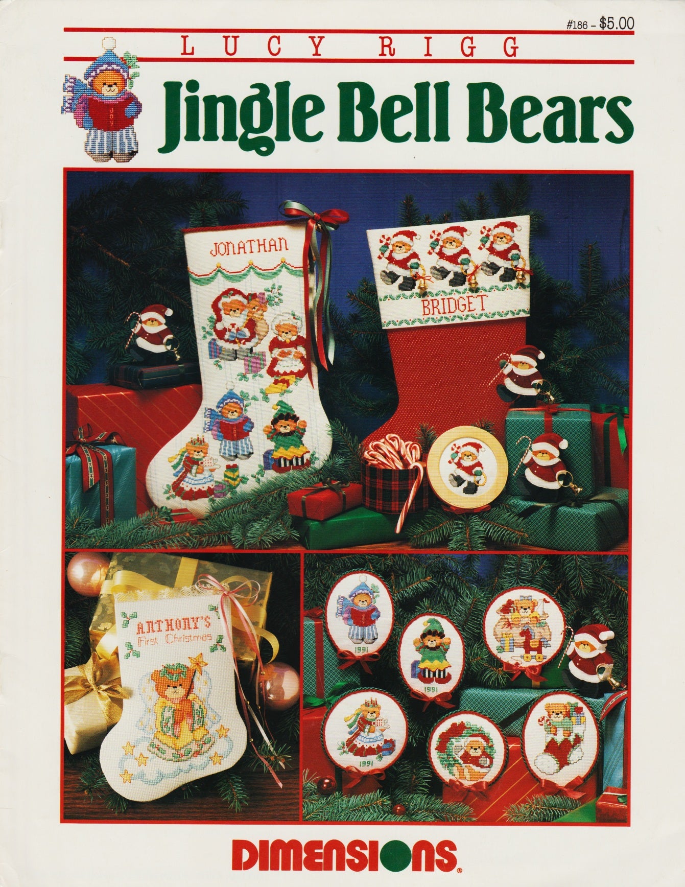 Dimensions Jingle Bell Bears 186 Christmas Stockings Ornaments cross stitch pattern