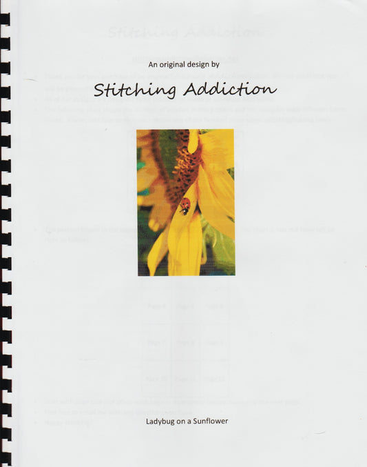Stitching Addiction Lady Bug on a Sunflower cross stitch pattern