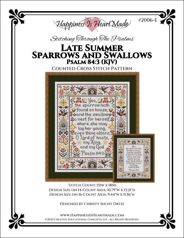 Happiness is Heart Made Late Summer Sparrows and Swallows Psalm 84:3 2006-E religious cross stitch pattern