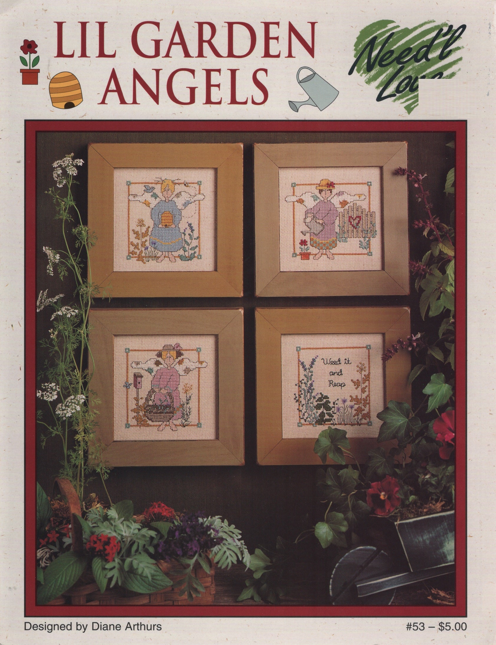 Lil Garden Angels Need'l Love cross stitch pattern cover showing four framed cross-stitch designs. 