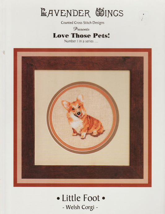 Lavender Wings Little Foot Welsh Corgi cross stitch pattern