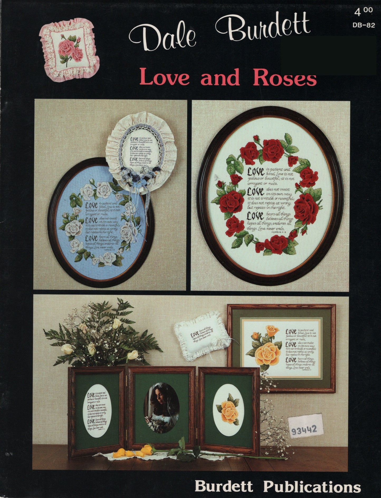 Front cover of a Dale Burdett 'Love and Roses' cross stitch pattern booklet, showing three framed floral embroidery or cross-stitch designs and the text 'Dale Burdett Love and Roses' 