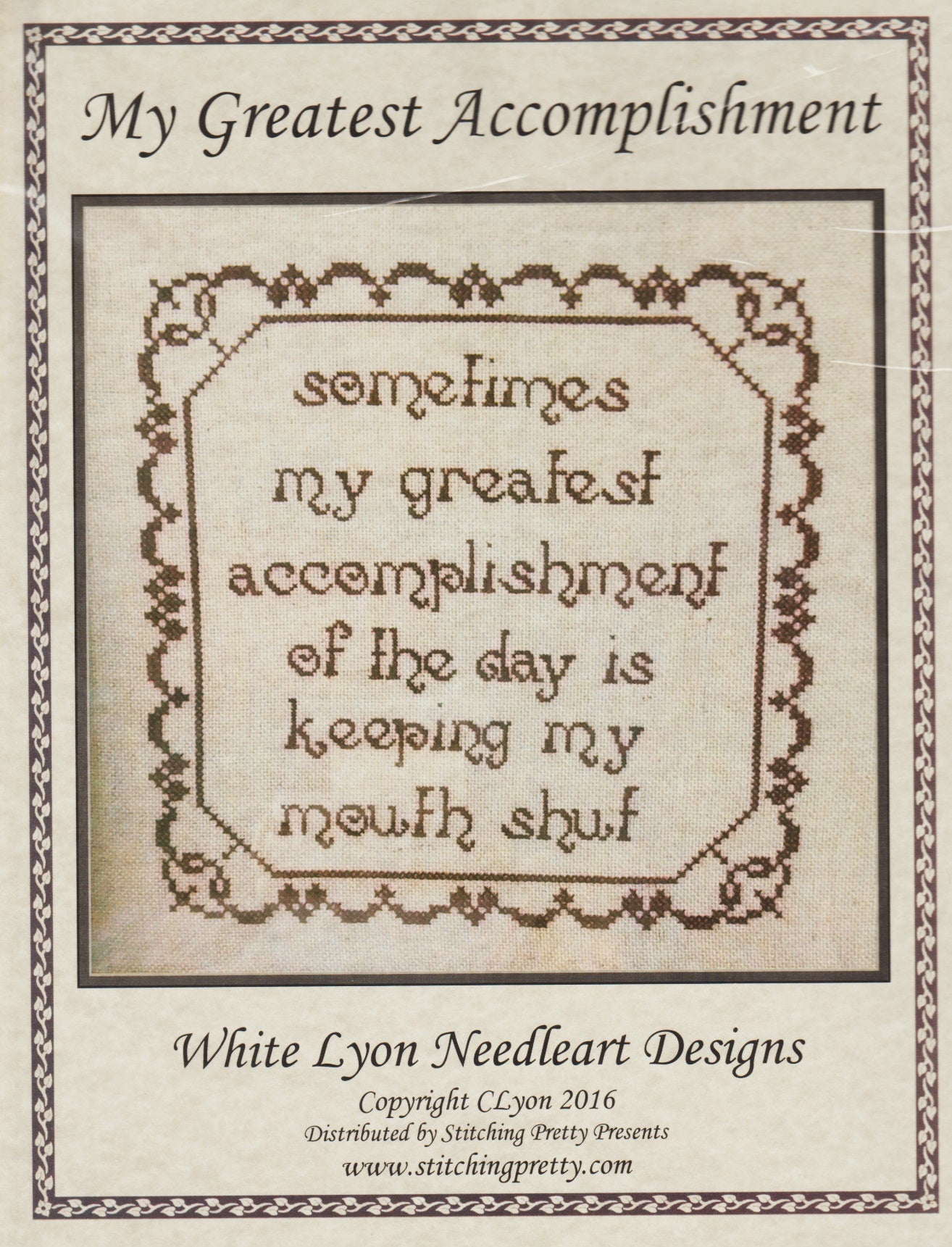 White Lyon My Greatest Accomplishment cross stitch pattern