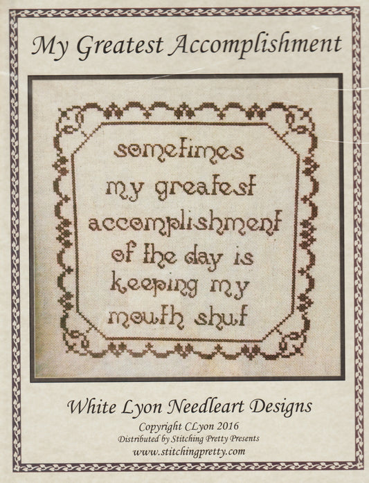 White Lyon My Greatest Accomplishment cross stitch pattern