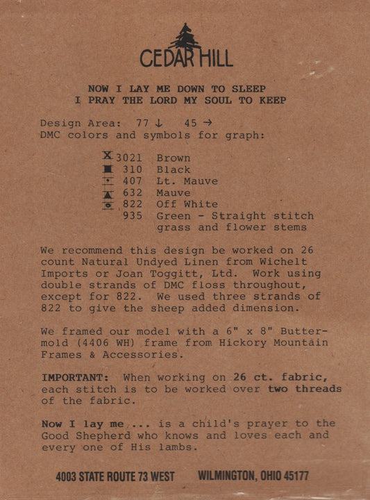 Cedar Hill Now I Lay Me... cross stitch pattern