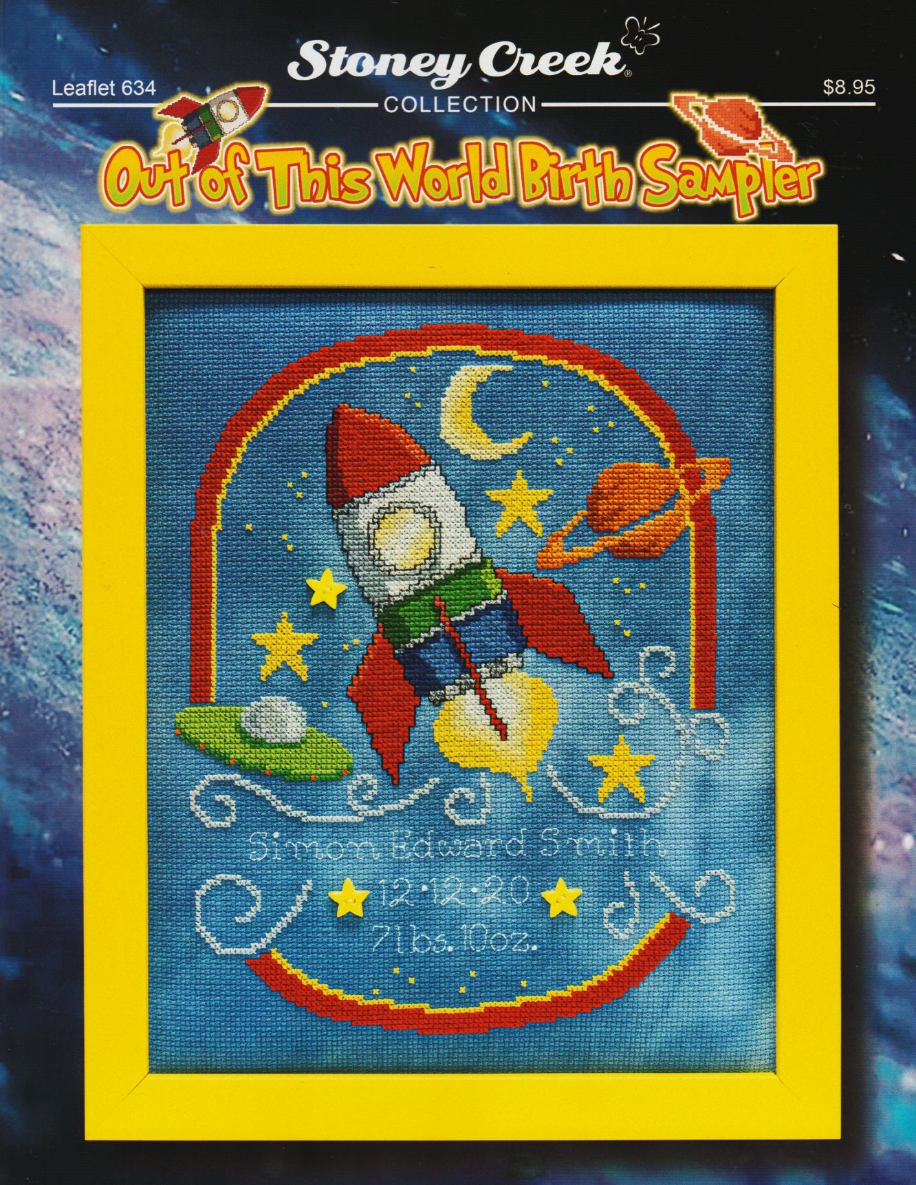 Stoney Creek Out Of This World Birth Sampler LFT634 baby rocket ship cross stitch pattern