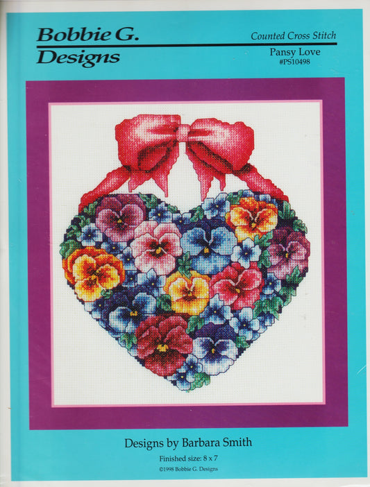 Bobbie G. Pansy Love PS10498 floral heart cross  stitch pattern