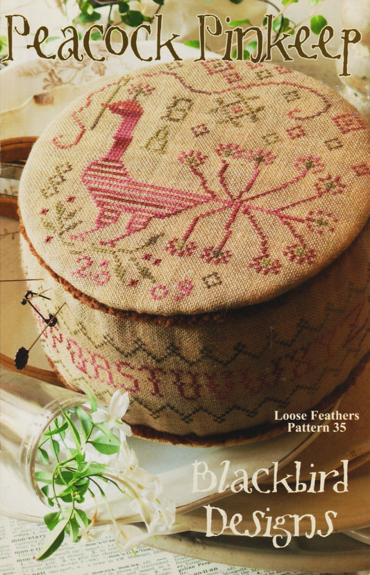 Blackbird Designs Peacock Pinkeep Loose Feathers 35 cross stitch pattern