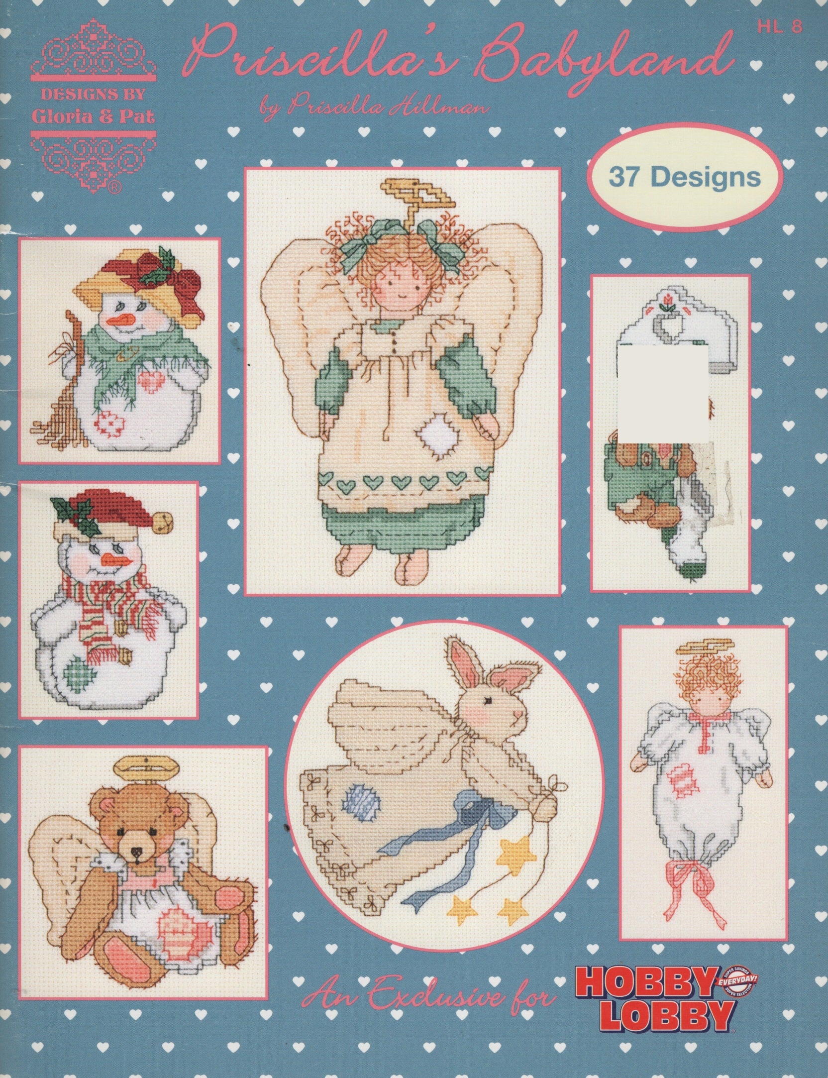 Cross-stitch pattern book titled "Priscilla's Babyland" by Pincilla Allenman, showing multiple illustrated needlework designs. The cover includes a snowman, angel, teddy bear, bunny, and other baby-themed designs, with text reading "37 Designs"