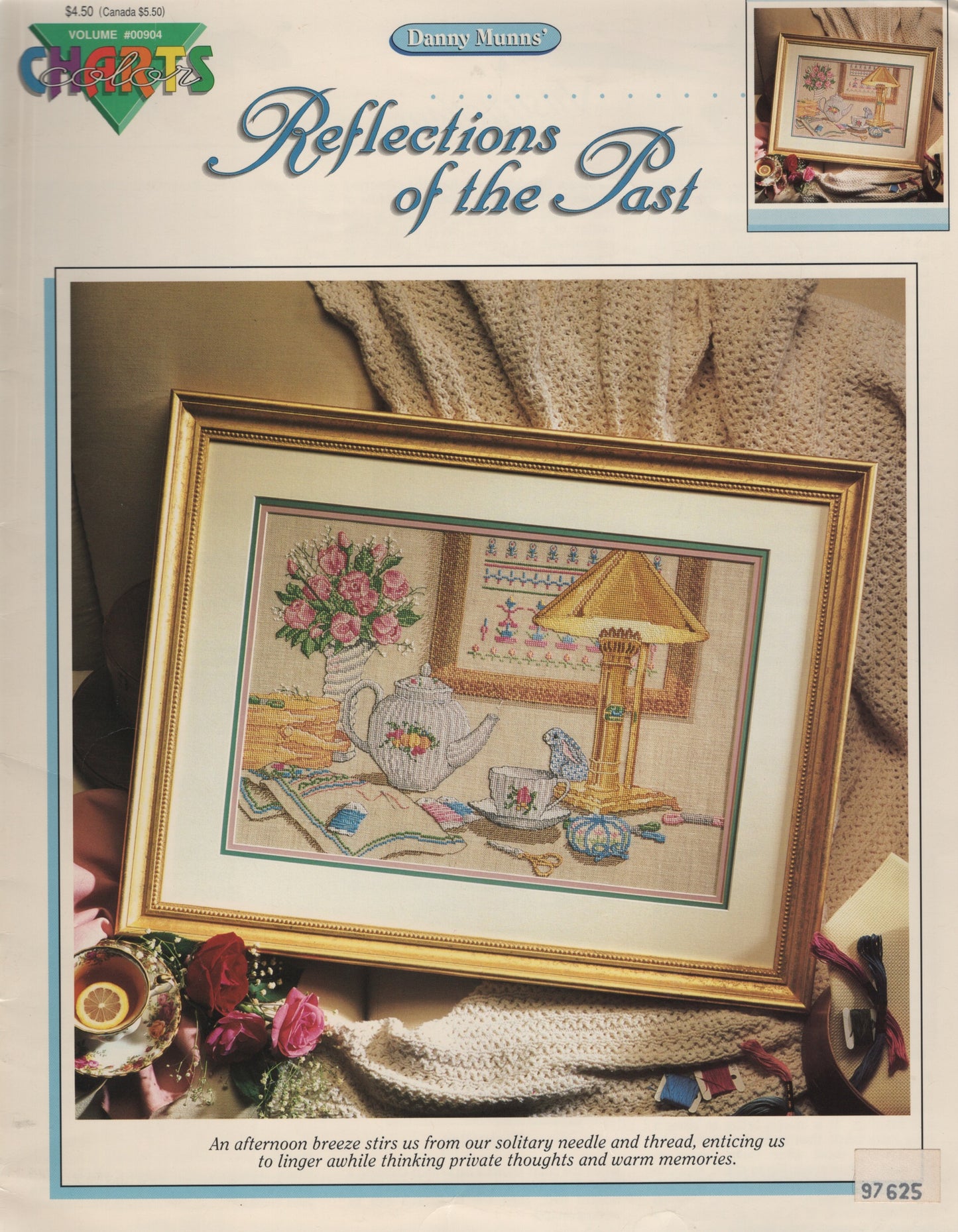 A vintage Cross Stitch pattern titled 'Reflections of the Past' by Color Charts. The cover features a framed cross-stitch design of a cozy interior scene with a teapot, flowers, and a lamp, surrounded by a gold frame and styled with knitted fabric and flowers. 00904