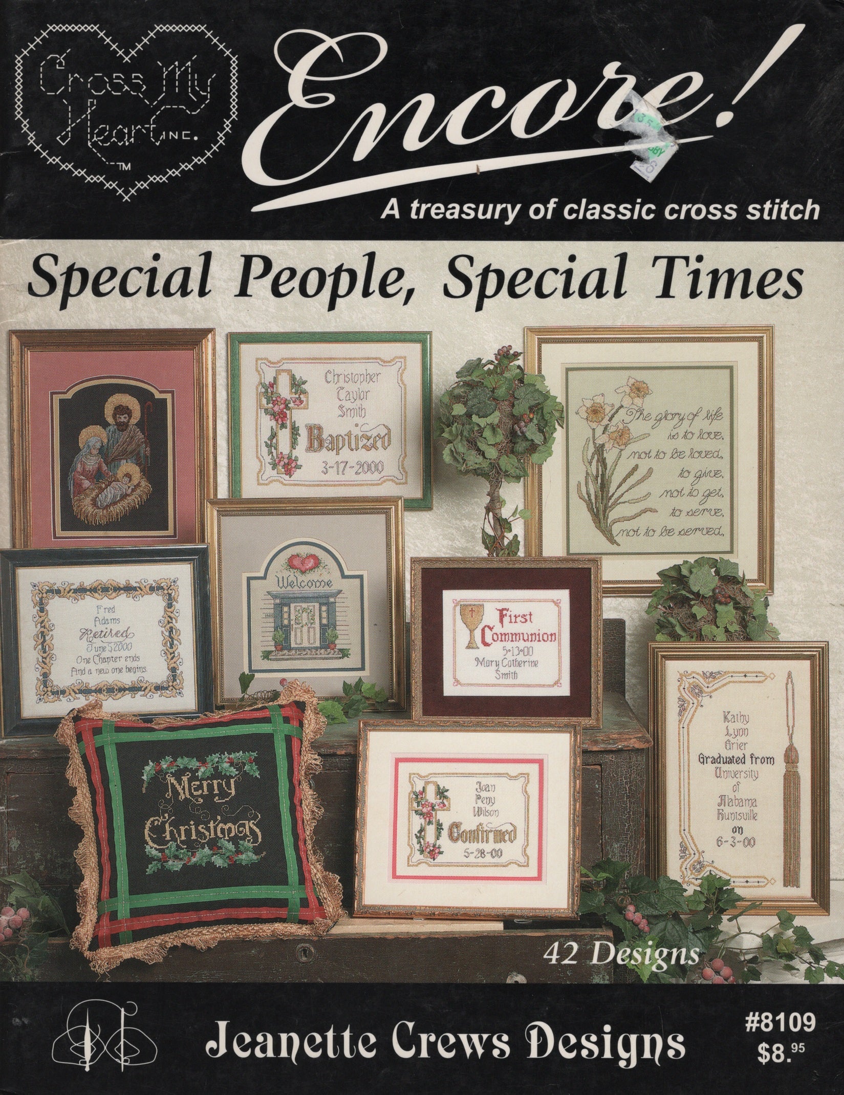 Cover of a cross stitch pattern book titled 'Special People, Special Times' from Jeanette Crews Designs, featuring multiple framed cross-stitch designs and the text ' Encore! A treasury of classic cross stitch' and '42 Designs'. 8109