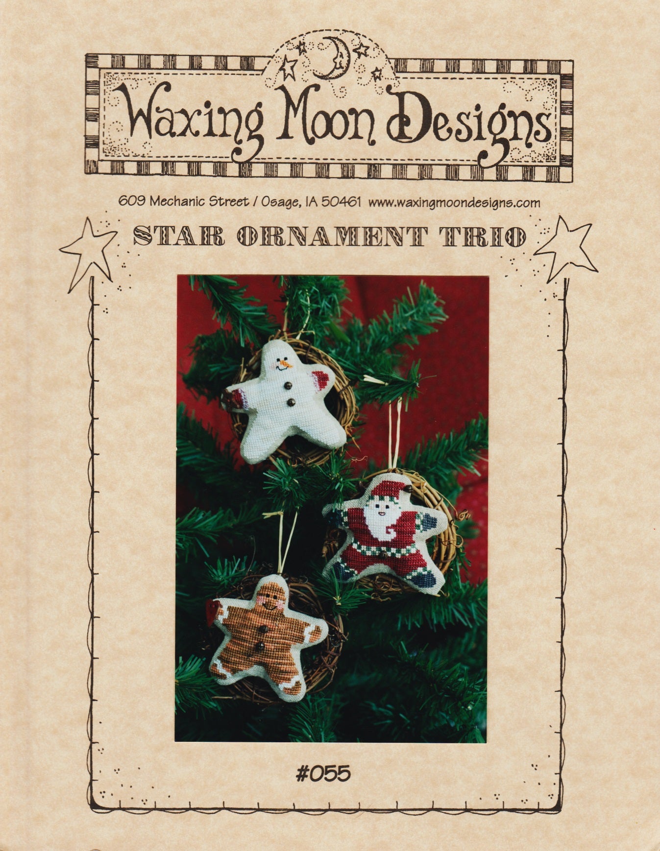 Waxing Moon Star Ornament Trio 055 cross stitch pattern