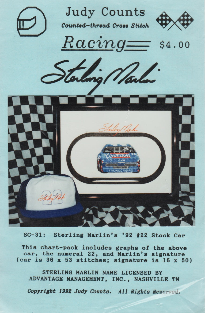 Judy Counts Sterling Marlin's '92 #22 Stock Car racing cross stitch pattern