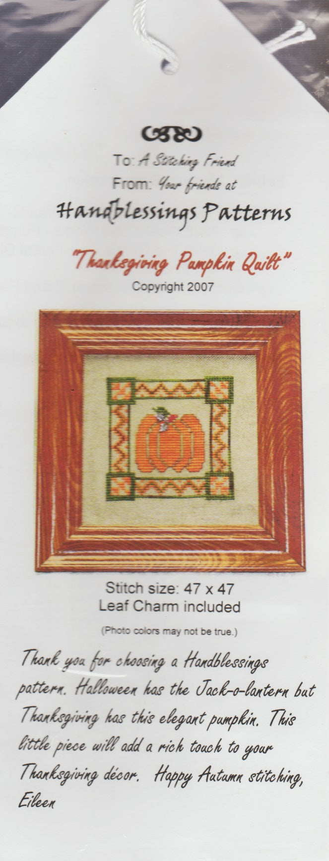 Handblessings Thanksgiving Pumpkin Quilt cross stitch pattern