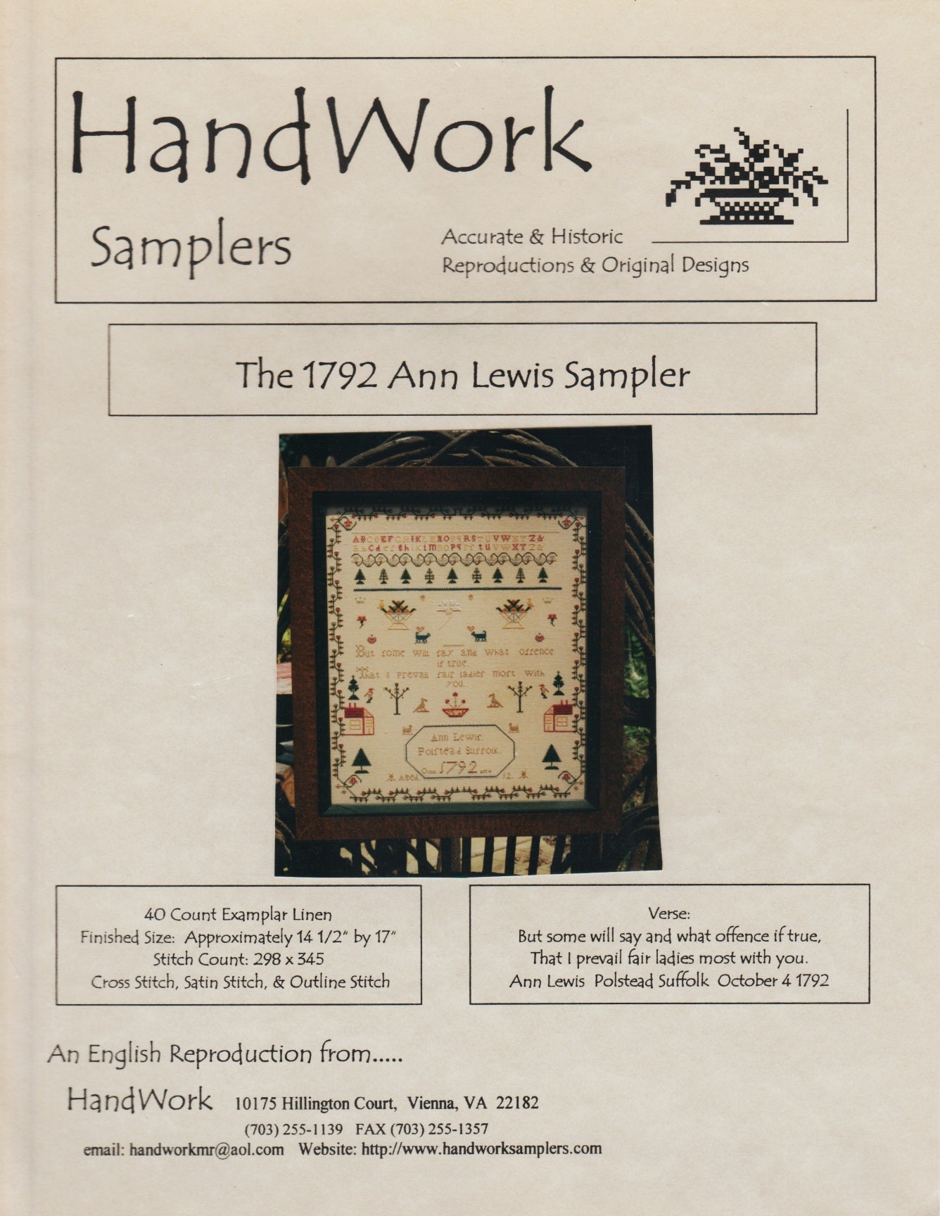 HandWork The 1792 Ann Lewis Sampler cross stitch pattern