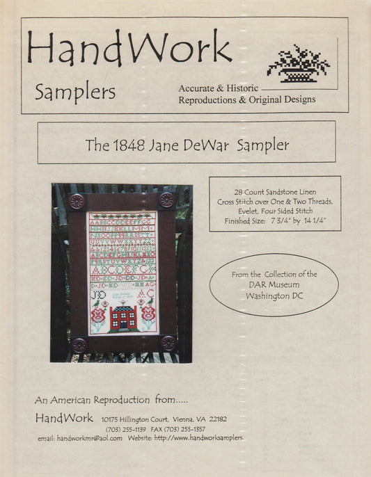 Handwork Samplers The 1848 Jane DeWar Sampler cross stitch pattern