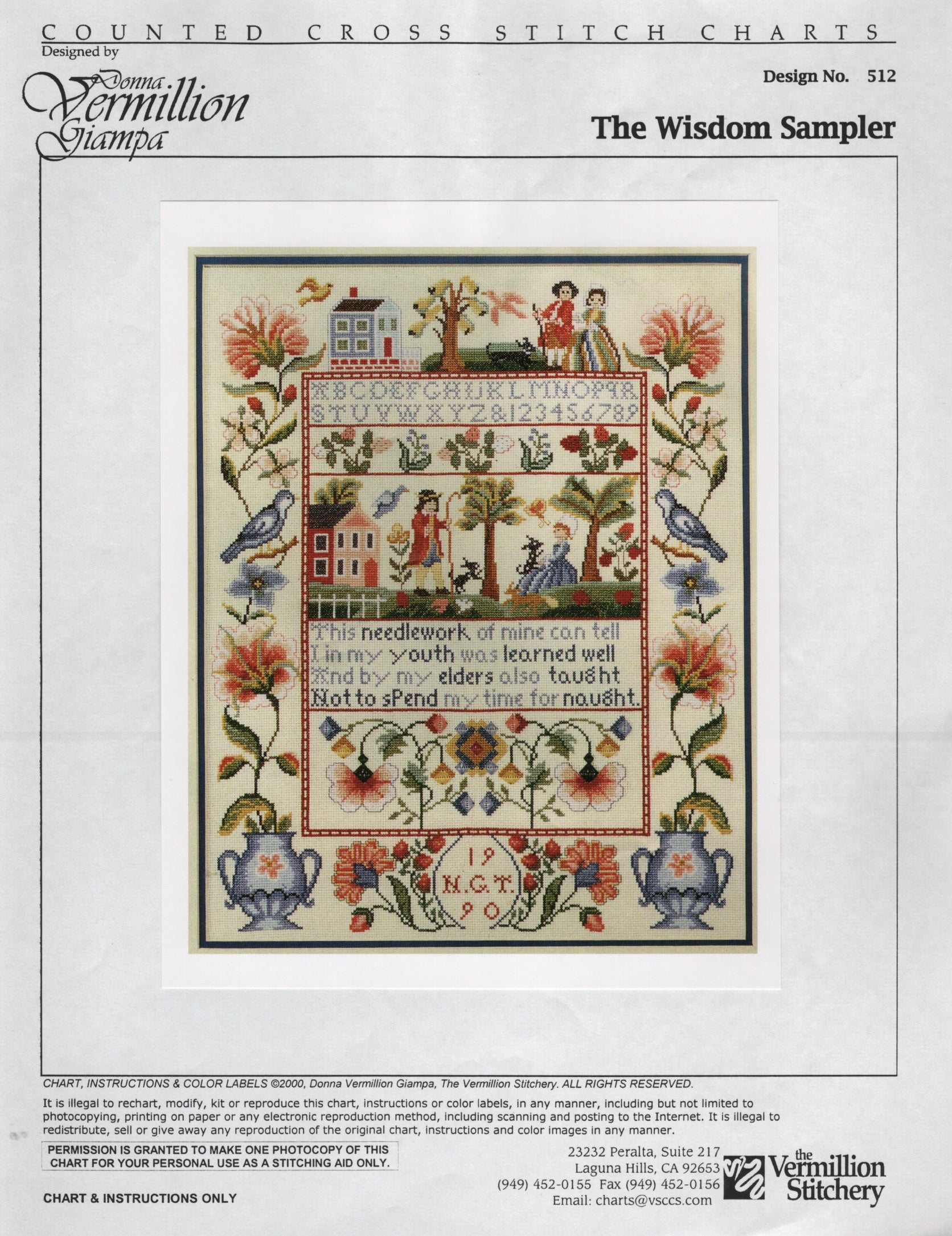 A vintage-style cross-stitch chart cover titled 'The Wisdom Sampler' by Vermillion Stitches, showing a detailed embroidered sampler design with figures, birds, flowers, and a central quote on a white background.