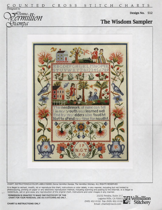 A vintage-style cross-stitch chart cover titled 'The Wisdom Sampler' by Vermillion Stitches, showing a detailed embroidered sampler design with figures, birds, flowers, and a central quote on a white background.