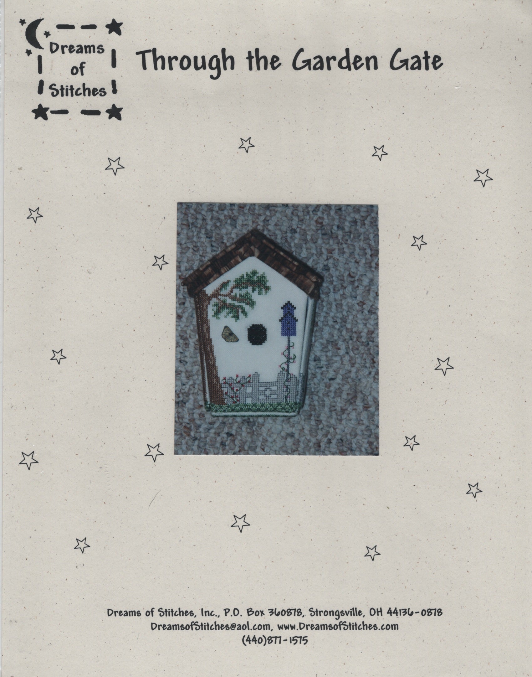 A vintage pattern cover for 'Through the Garden Gate' by Dreams of Stitches, featuring a central illustration of a birdhouse with a garden scene on a textured gray background, surrounded by small star illustrations