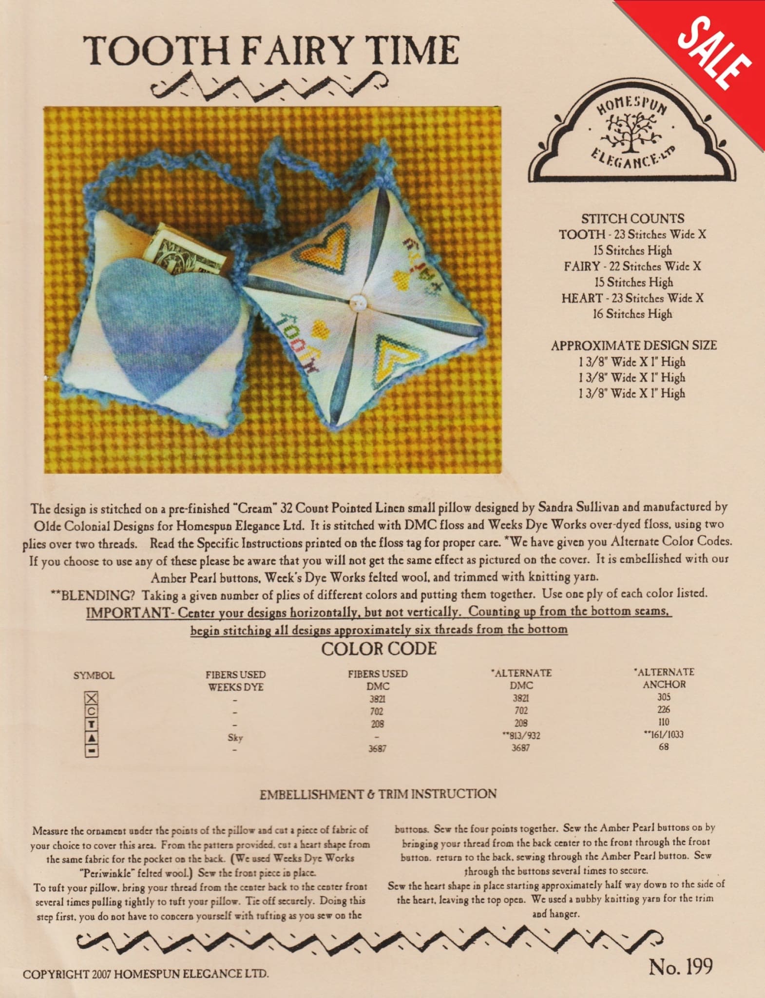 Homespun Elegance Tooth Fairy Pillow 199 cross stitch pattern