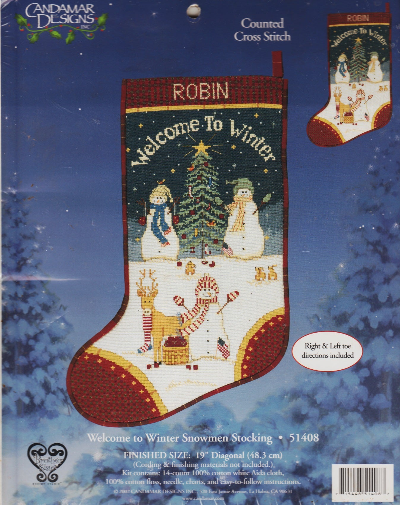 Candamar Welcome to Winter Snowmen Stocking 51408 christmas cross stitch kit