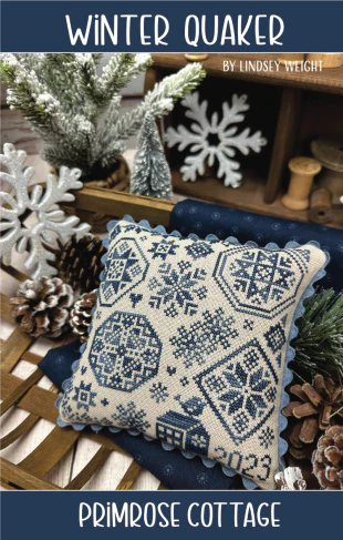 Primrose Cottage Winter Quaker cross stitch pillow pattern