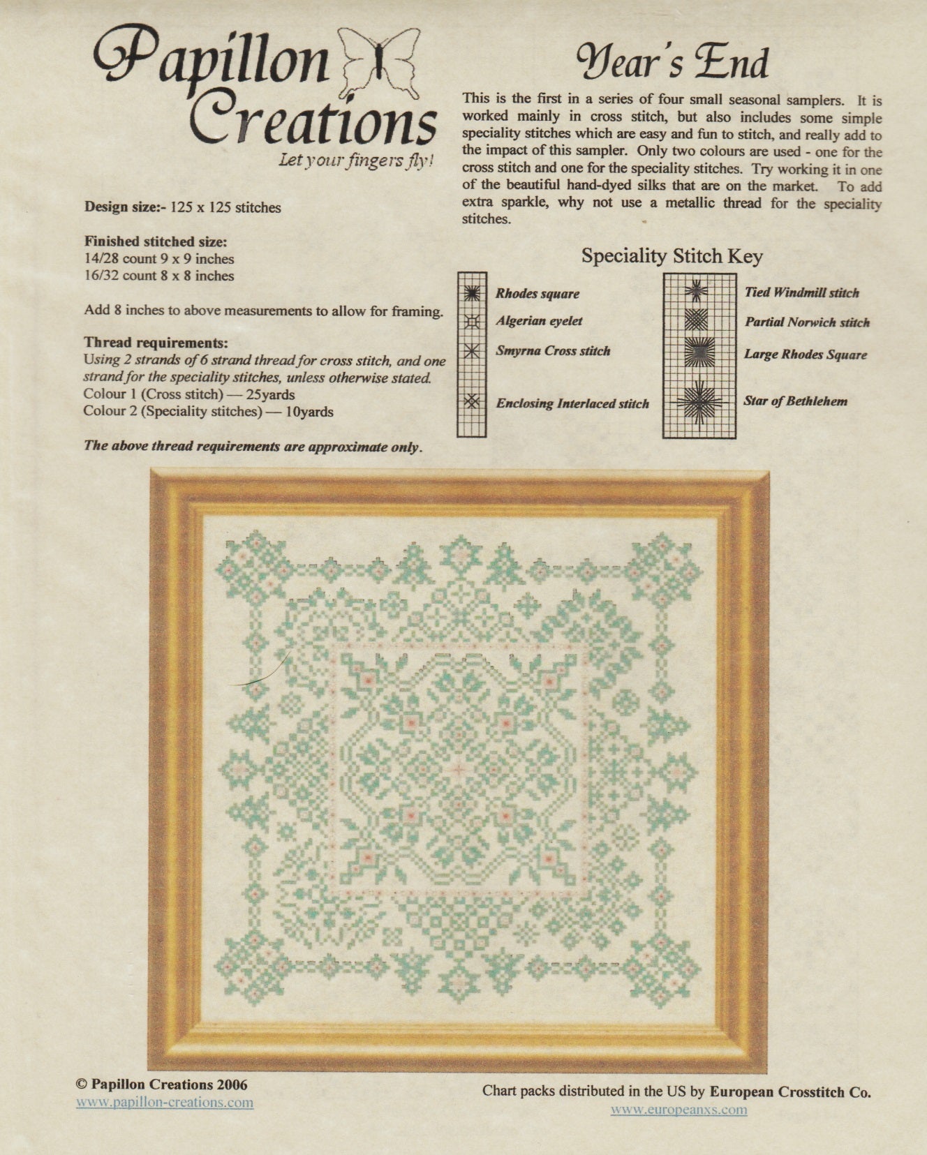 Papillon Creations Year's End sampler PC019 cross stitch pattern