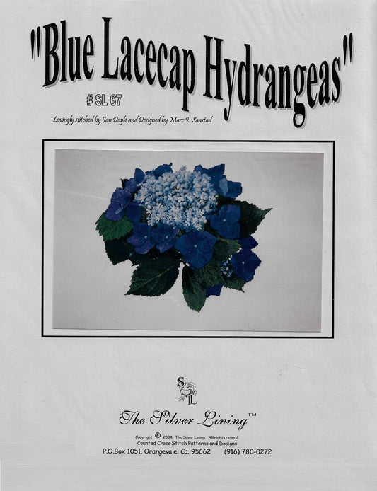 Silver Lining Blue Lacecap Hydrangeas flower cross stitch pattern