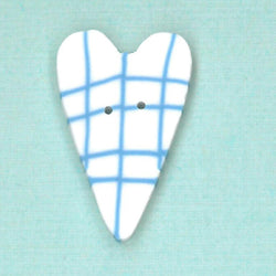 Just Another Button Company Blue & White Plaid Heart, BW1002 flat clay 2-hole cross stitch button