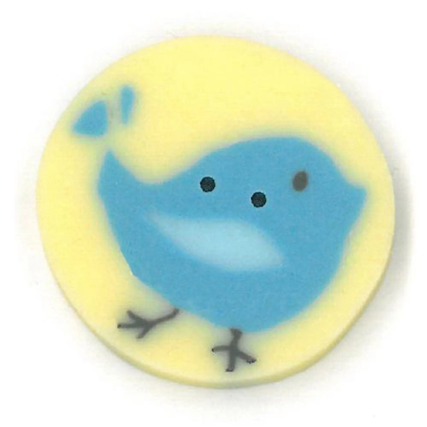 Just Another Button Company Blue Tweet on Yellow LC1011 2-hole clay cross stitch button