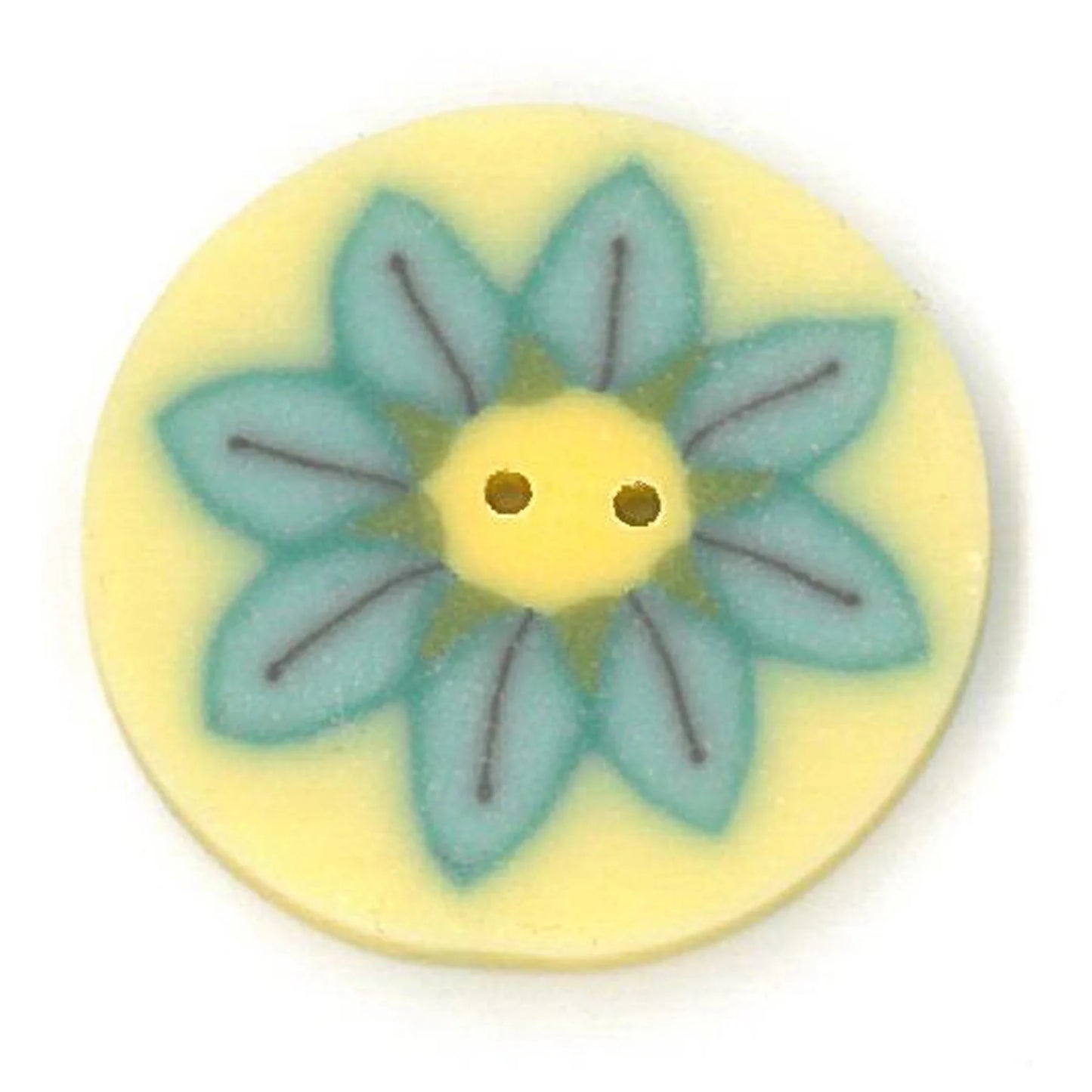 Just Another Button Company Teal Daisy on Yellow LC1020 2-hole flat clay cross stitch button