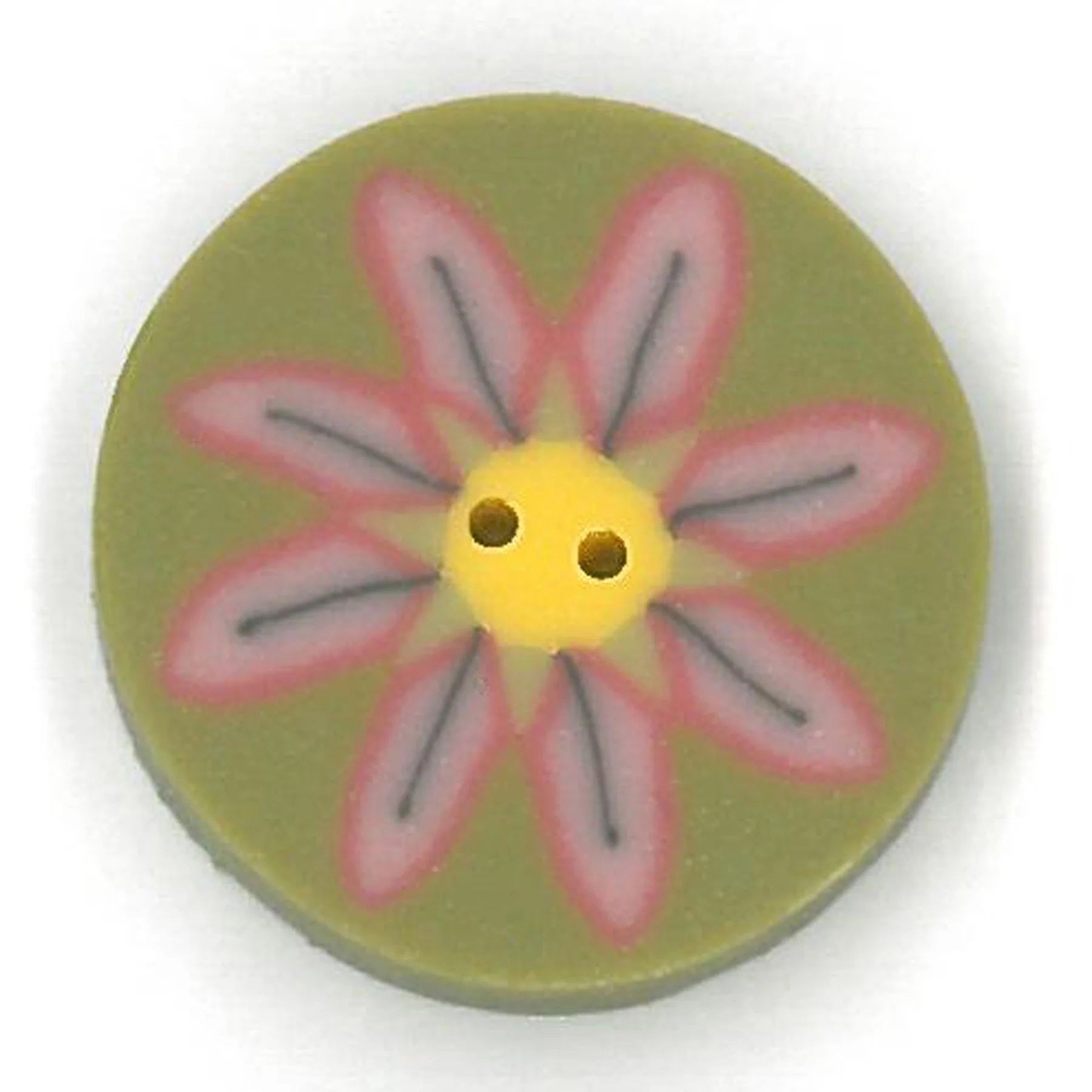 Just Another Button Company Pink Daisy on Green LC1021 2-hole flat clay cross stitch button