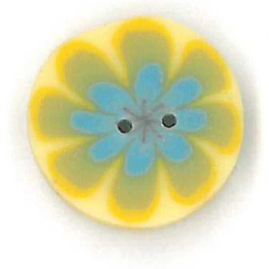 Just ANother Button Company Blue Poppy on Yellow, LC1031 flat 2-hole clay cross stitch button