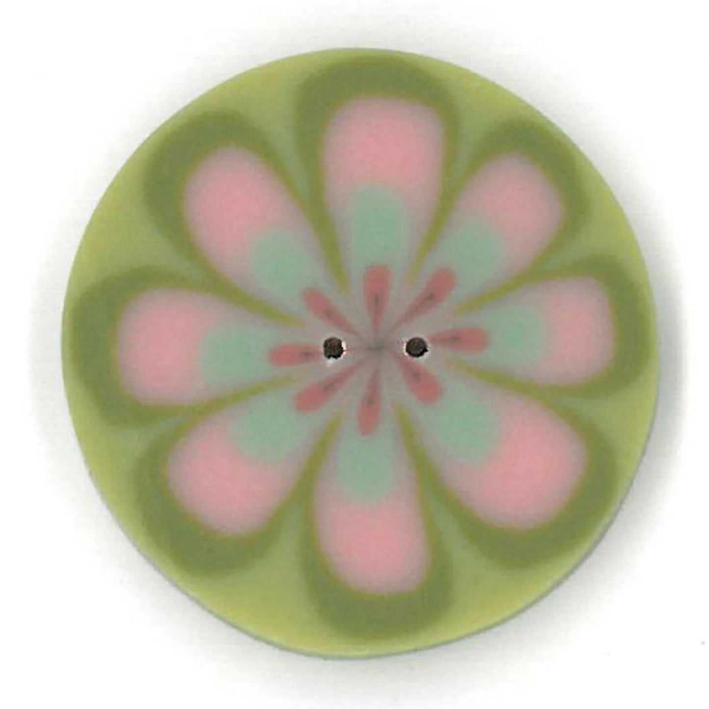 Just ANother Button Company Pink Poppy on Green, LC1032 2-hole flat clay cross stitch button